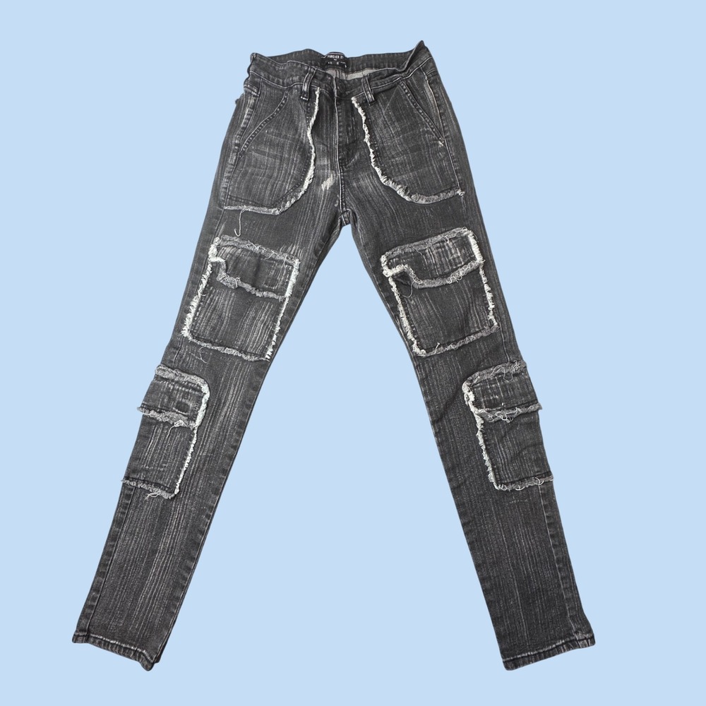 Forever 21 Cargo Jeans Men 30 Black Distressed Slim Fit Raw Edge Multi-Pocket